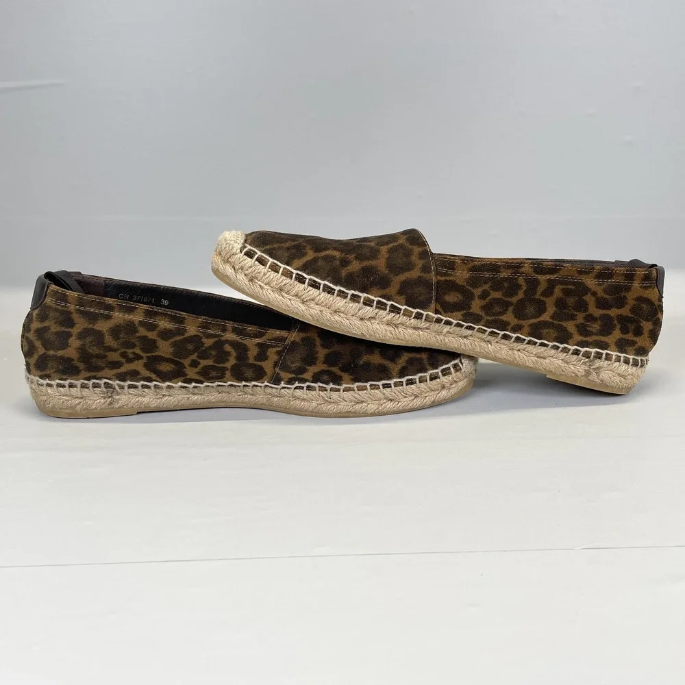Saint Laurent Leopard Espadrilles Womens Size 39 Brown Suede Slip On Casual Shoe